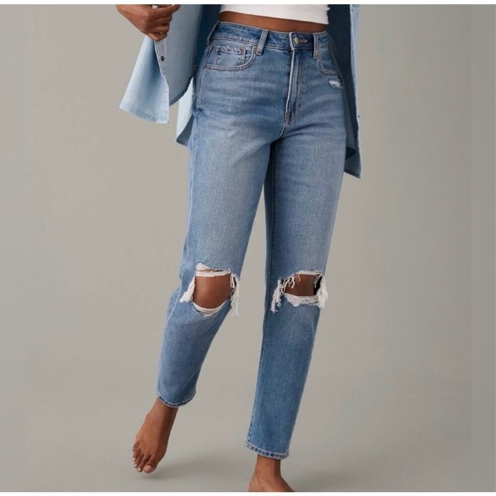 American Eagle Mom Jean Comfort Stretch Waistband Ripped Knees Denim High Rise 2